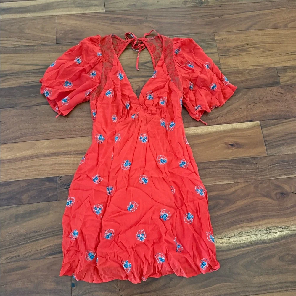 Free People Mockingbird Floral Cut Out Mini Dress Coral Red 2